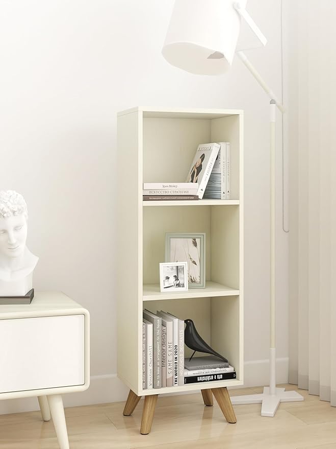 Manora Small Bookcase with 3 Open Shelves, Modern White Bookshelf with Wooden - Image 7