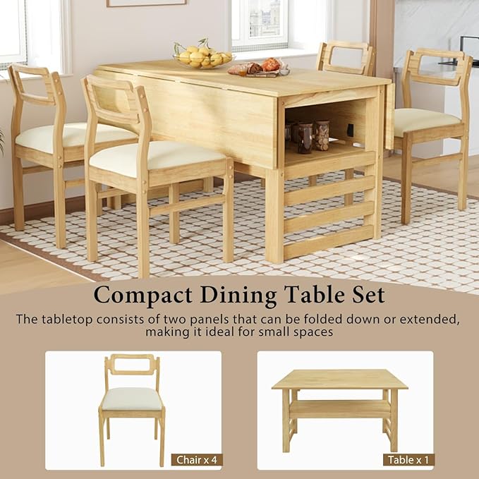 Drop Leaf Dining Table with Chairs Set of 4, 5-Piece Farmhouse Rectangular - Image 7