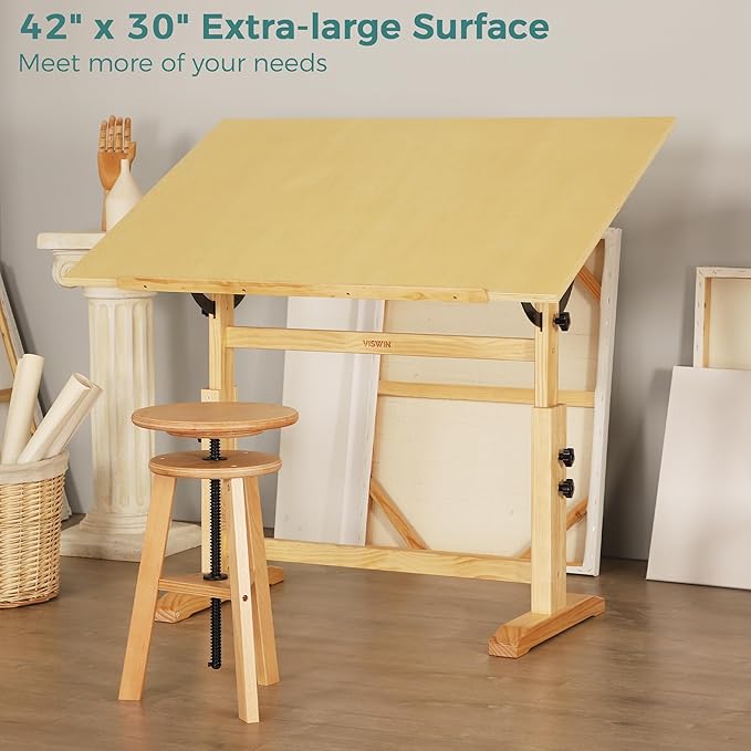 VISWIN Wood Drafting Table for Adults, Solid Pine Wood Artist Desk for Drawing - Image 4
