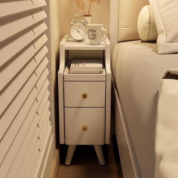 Small Nightstand with Drawers, Solid Wood Bedside Table, Narrow White Nightstand - Image 7