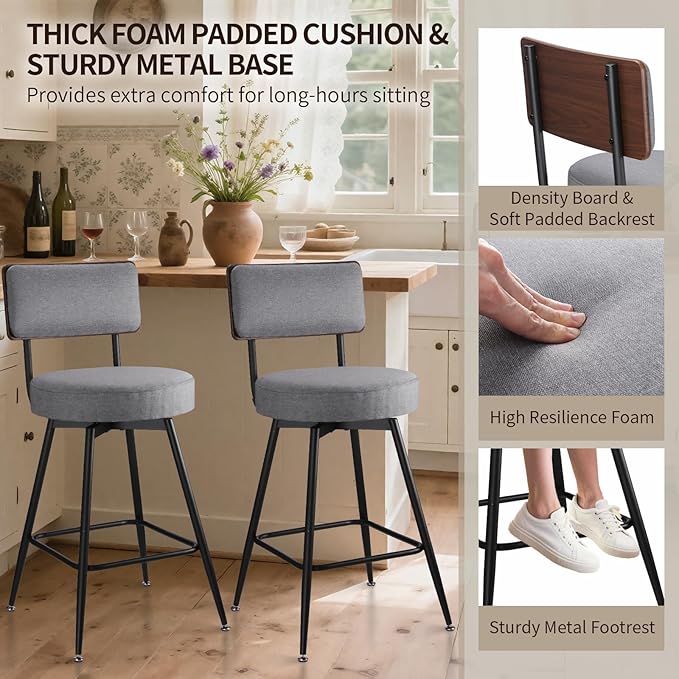 Counter Height Bar Stools, Round Swivel Bar Chair, Fabric Upholstered Barstools - Image 5
