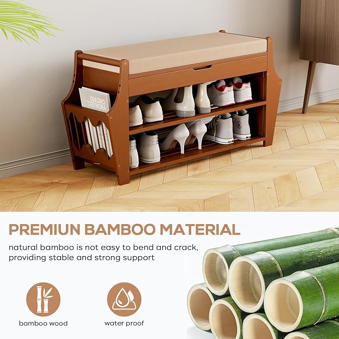 34.3in Shoe Bench, Bamboo 3-Tier Entryway Bench - Image 3