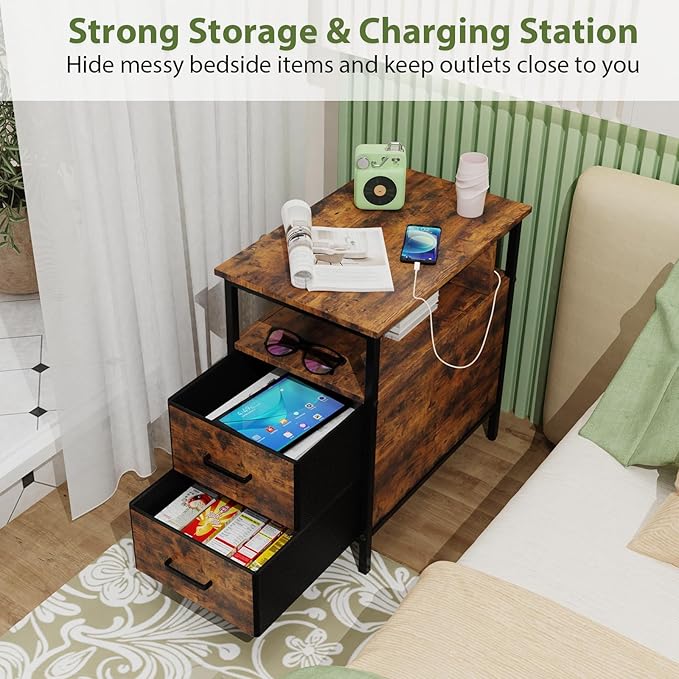 End Table with Charging Station, Narrow Side Table with 2 Fabric Drawer & - Image 5