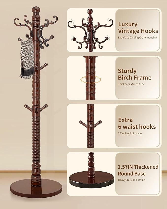 EZIVIEZ Wooden Coat Rack Stand, Solid Wood Freestanding Coat Rack, Vintage Coat - Image 2