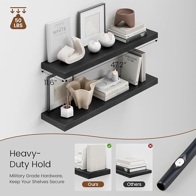 Heimlove 48W x 12D Long Floating Shelf, 12 Inch Deep Black Floating Shelves - Image 4