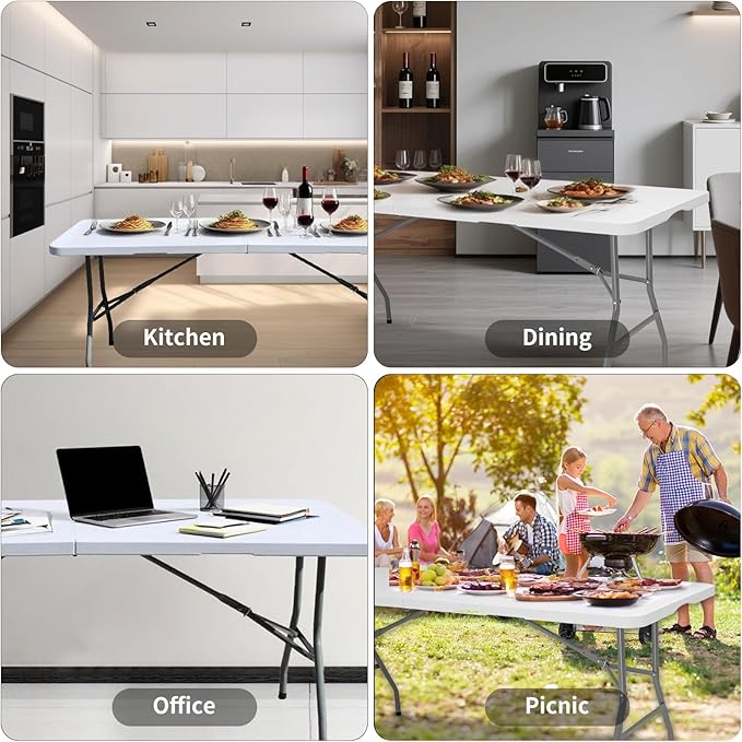 6 FT Folding Table for Indoor Outdoor, Portable Heavy Duty Folding Camping - Image 6
