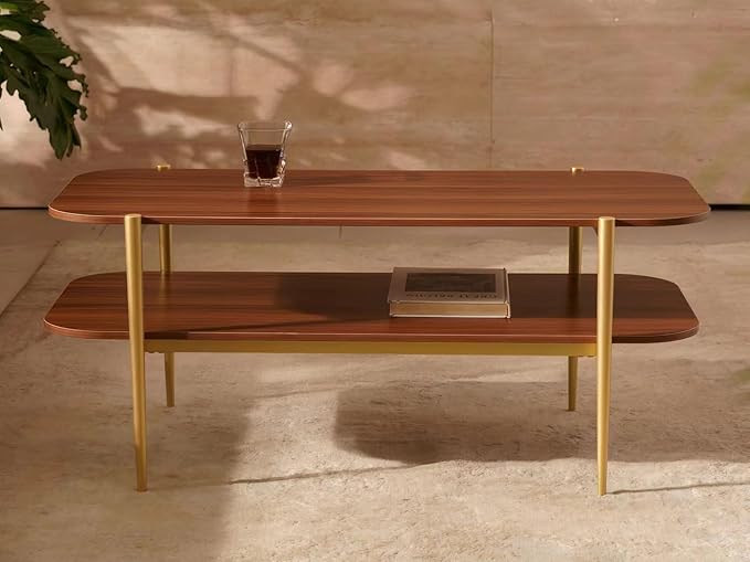 Shrine Rectangle Coffee Table, Mid-Century Modern Design, Two-Tier Walnut MDF - Image 7