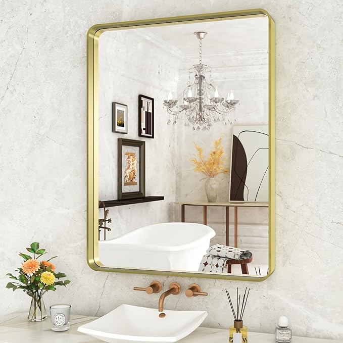 WEER Gold Bathroom Mirror, 24X32 Inch Brushed Gold Metal Frame Mirror, Rounded by WEER