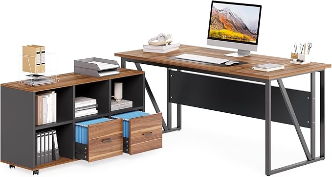 LITTLE TREE 63" Office Desk and 47" File Drawer Cabinet, Large Computer Desk by LITTLETREE