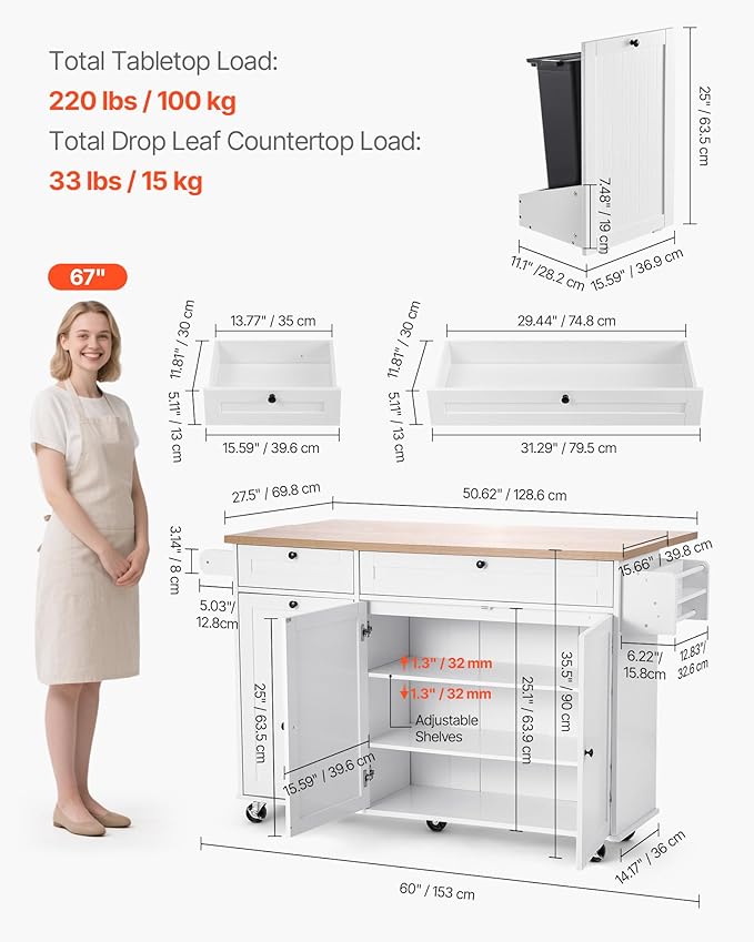 VEVOR Kitchen Island Cart with Storage, 60in Wide Mobile Kitchen Cart with - Image 5