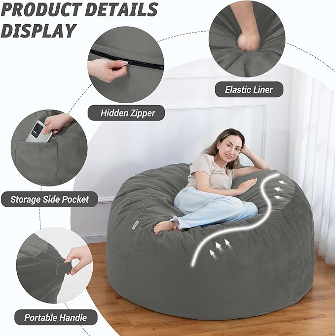 5FT Bean Bag Chair with Ultra Soft Velvet Cover Bean Bag Sofa with Memory Foam - Image 4
