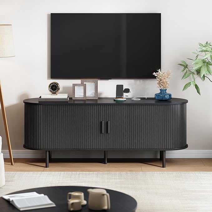 63" TV Stand with Power Outlet, Modern Media Console with Sliding Doors - Image 7