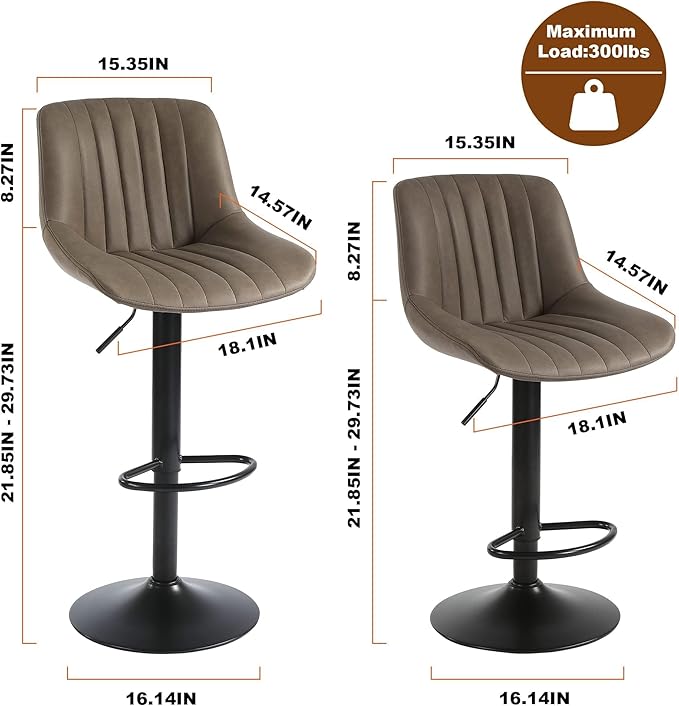 Bar Stool Set of 1, Adjustable PU Leather Bar Chairs, Swivel Counter Height - Image 3