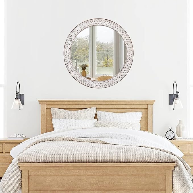 30" Round Wall Mirror, Farmhouse Wooden Frame Circle Mirrors, Rustic Large - Image 5