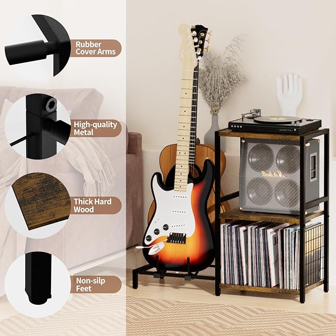 End Table with Guitar Stand, Record Player Stand, Vinyl Records Storage - Image 5
