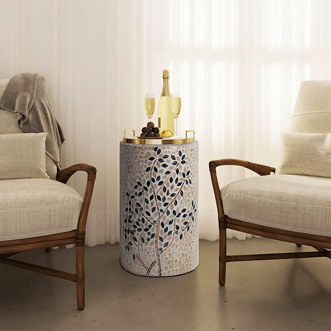 PEMAR Mother of Pearl Cylinder Drum End Table Nacre Side Stool Round Accent - Image 7