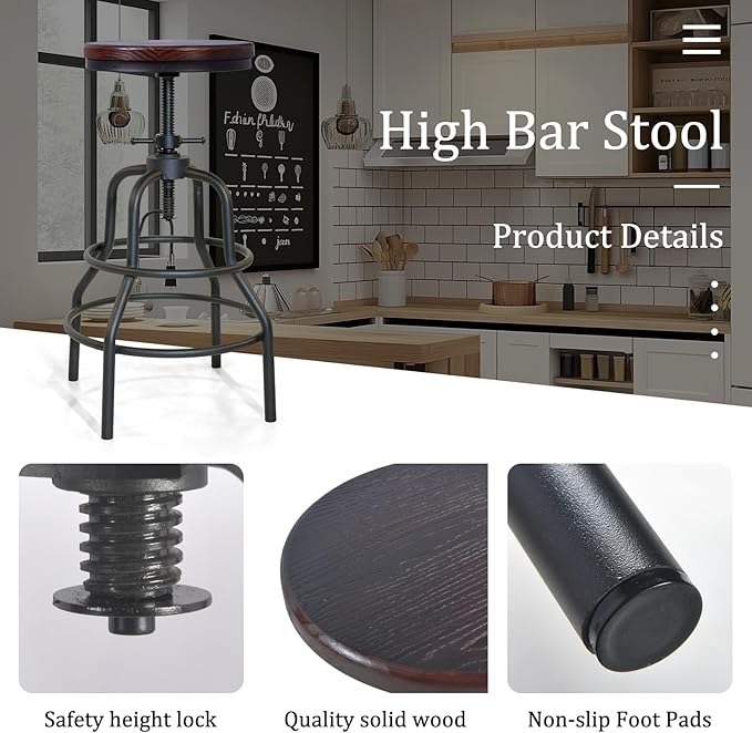 LOKKHAN Vintage Industrial Bar Stool-Rustic Swivel Bar Stool-Round Walnut Wood - Image 5