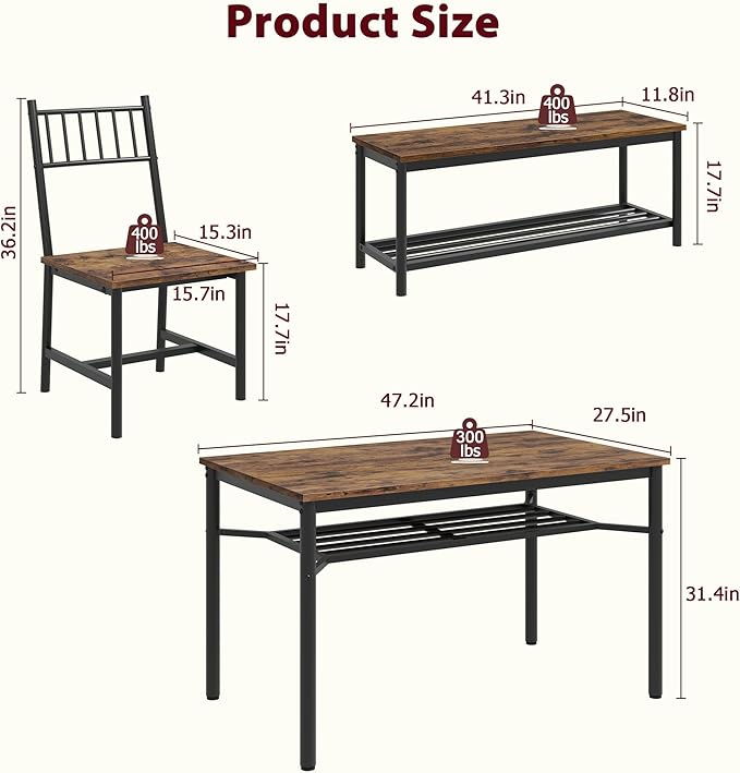 Dining Table Set for 4 with 2 Benches, 3-Piece Kitchen Table Set, Space-Saving - Image 6