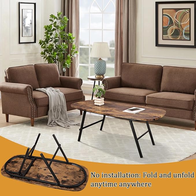 Foldable Coffee Table Natural Wood Oval Coffee Tables No Assembly Portable - Image 3