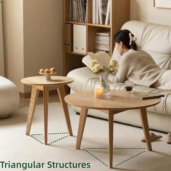 100% Solid Oak Wood Mini Coffee Table, Round Living Room Table Side Table - Image 3