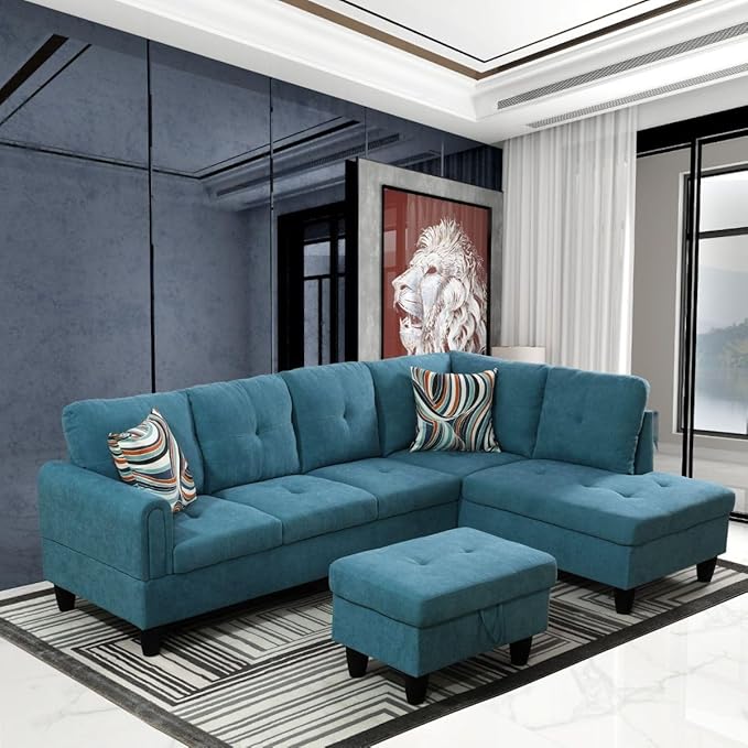 Green L-Shaped 3-Piece Flannel Sofa - Image 5
