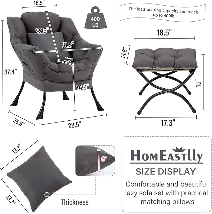 Large Lazy Chair with Ottoman, Accent Reading Chair with a Throw Pillow - Image 3