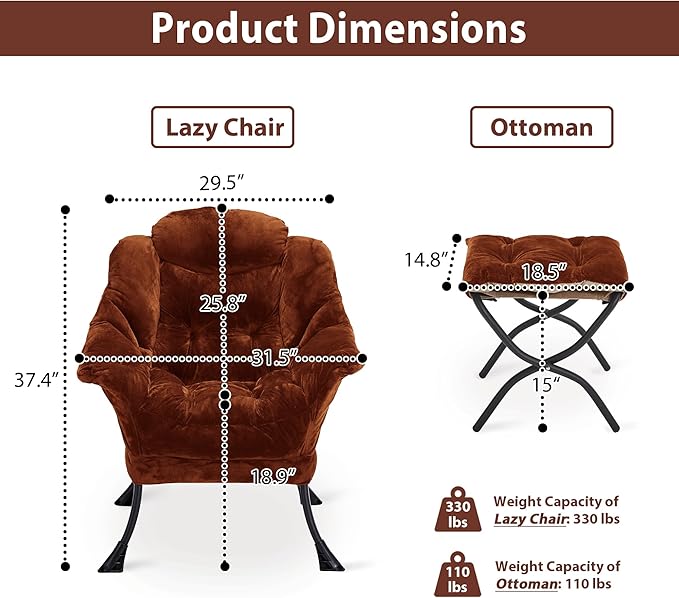 Lazy Chair with Folding Ottoman, Accent Chair Plush Upholstered with Metal - Image 3