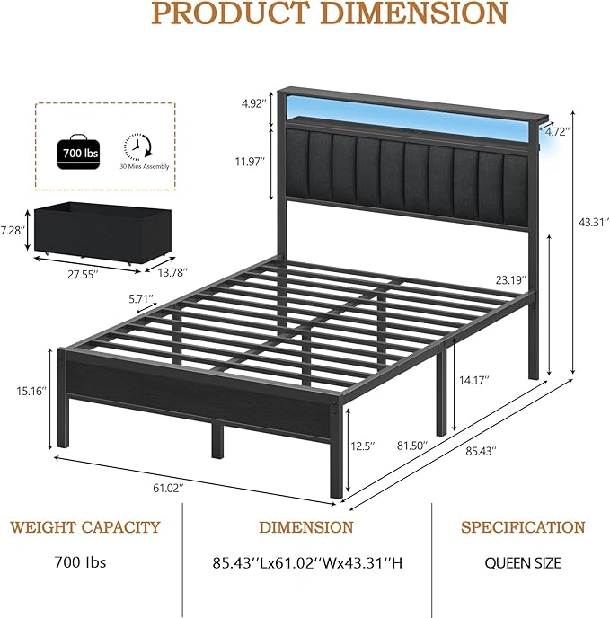 Furnulem Queen Bed Frame with Charging Station and LED Lights, Metal Platform - Image 2