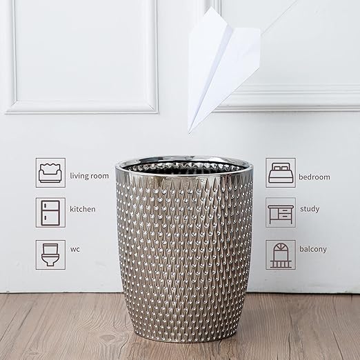 Modern Round Silver Small Trash Can Wastebasket, Garbage Container Bin - Image 2