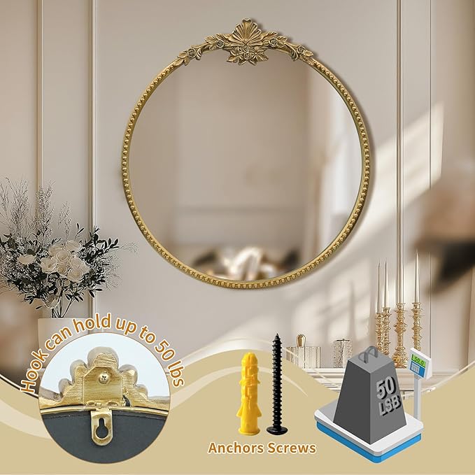 Round Gold Mirror, 28inch Baroque Style Vintage Decorative Circle Wall Mirror - Image 5
