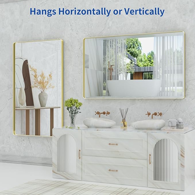 WEER Gold Bathroom Mirror, 60x30 Inch Brushed Gold Metal Frame, Rounded - Image 5