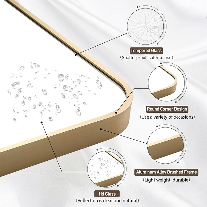 Gold Mirror, 22x30 Inch Gold Rectangle Mirror, Aluminum Alloy Framed Vanity - Image 5