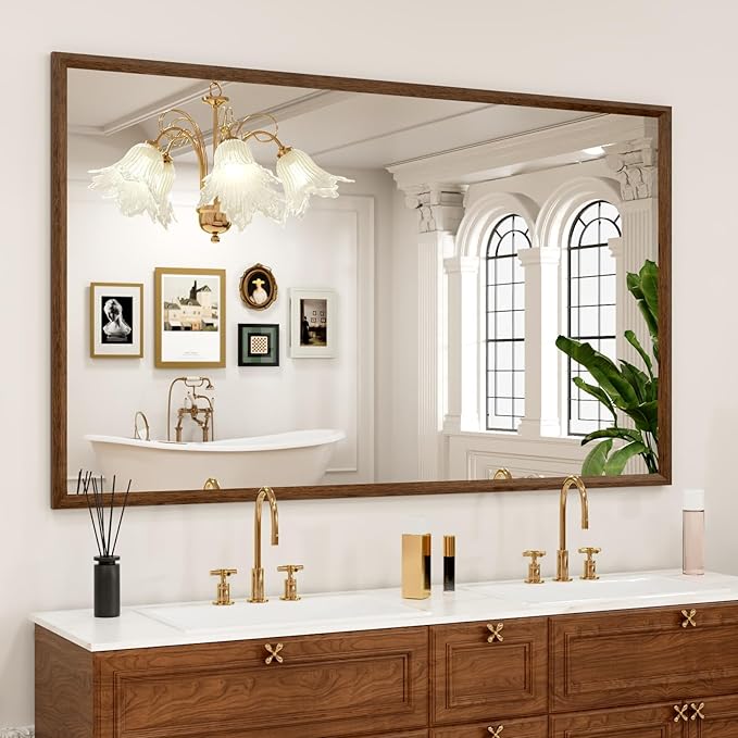 Rectangle Walnut Bathroom Mirror 60x36 Inch, Anti-Rust 4MM Tempered Glass by JISOSO