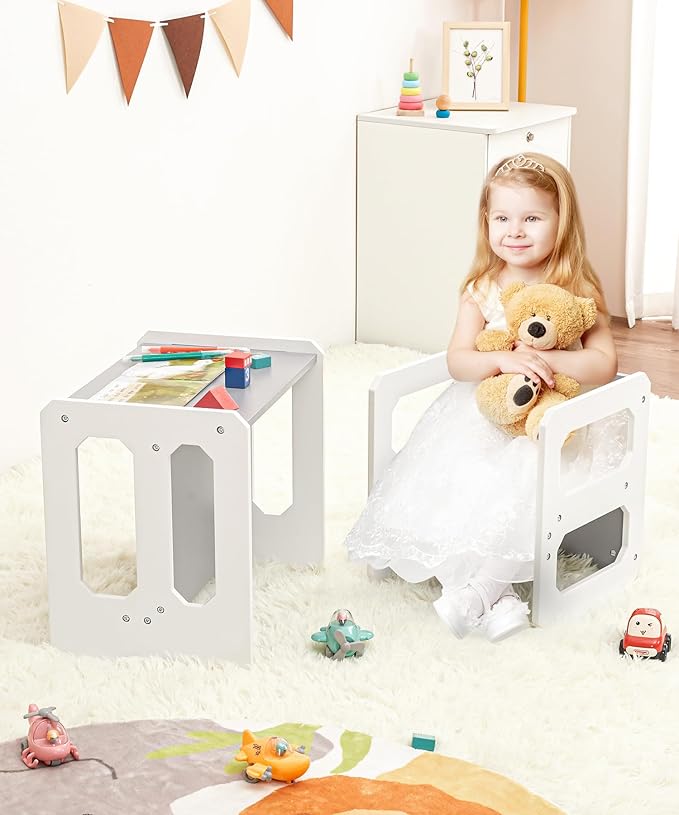 Kids Table and Chair Set, 3-in-1 Wooden Children's Furniture, Water Resistant - Image 6