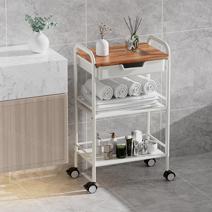 3 Tier Rolling Cart with Drawer, Metal Rolling Storage Cart with Table Top - Image 7
