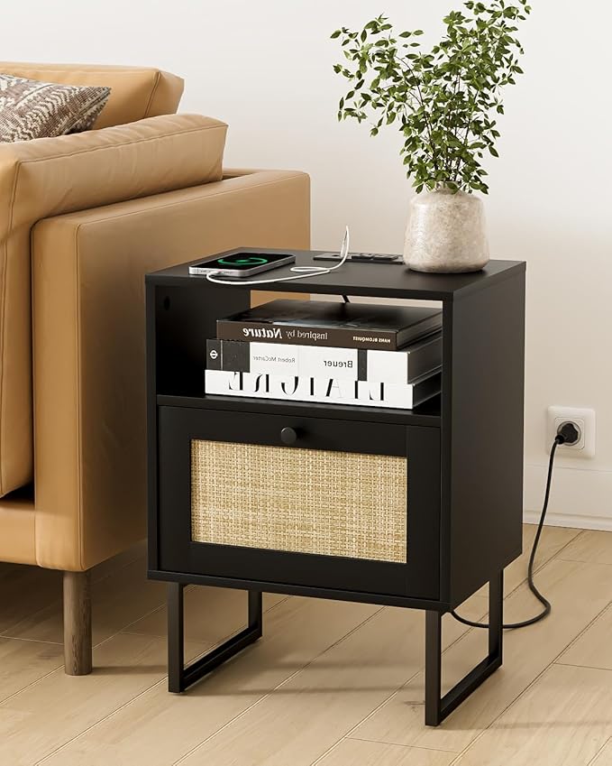 Rattan Nightstand with Charging Station, Mid Century Modern Night Stand - Image 5