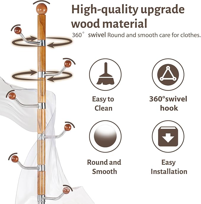 Coat Rack Freestanding, Metal Wooden Coat Tree - Image 3