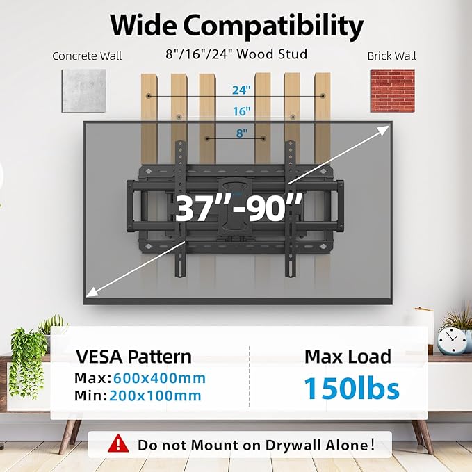 37-90 inch Full Motion TV Wall Mount, Fits 24" Wood Studs, Wall Mount tv Bracket - Image 6