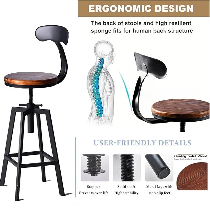 Diwhy Industrial Bar Stools, Kitchen Dining Chair, Wood Top Stool, Adjustable - Image 7