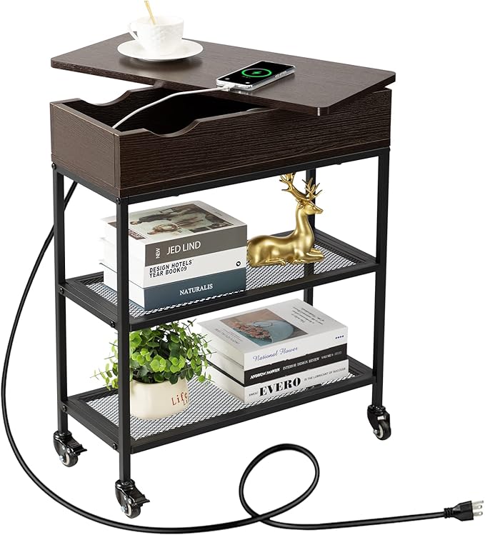 Hadulcet End Table with Charging Station & Rotating Top, Couch End Table by Hadulcet