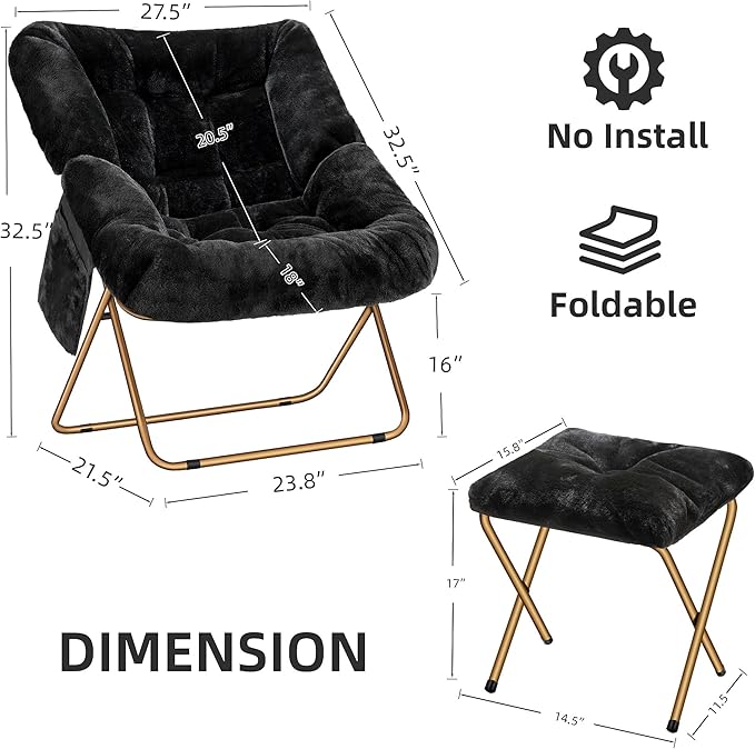 Comfy Saucer Chair for Adults, Foldable Living Room Chairs, Soft Faux Fur - Image 3