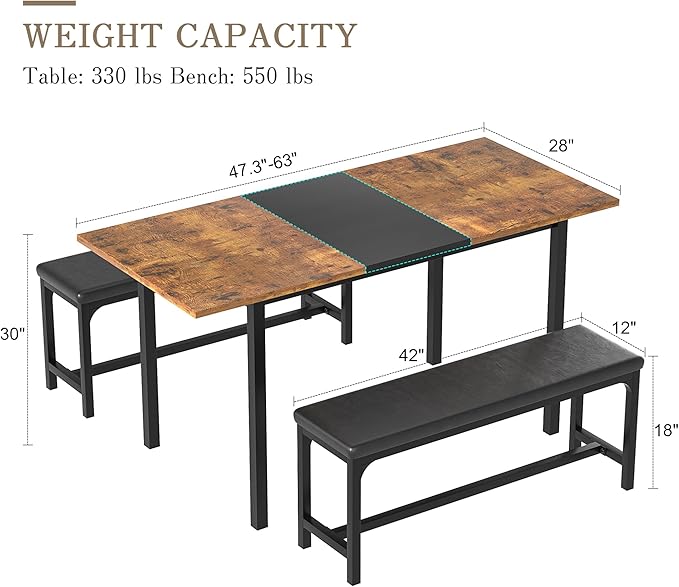 VECELO 3-Piece 63" Extendable Kitchen Table - Image 6
