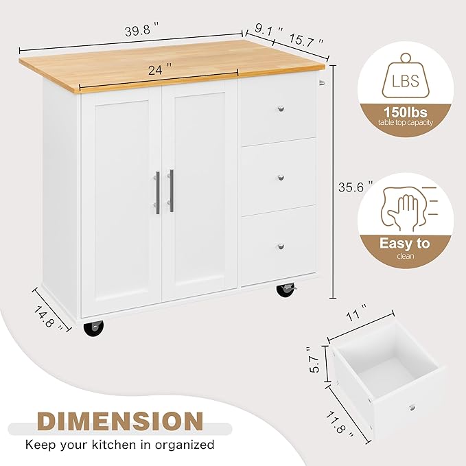 Shintenchi Kitchen Island with Folding Drop Leaf, Rolling Island Table with - Image 4