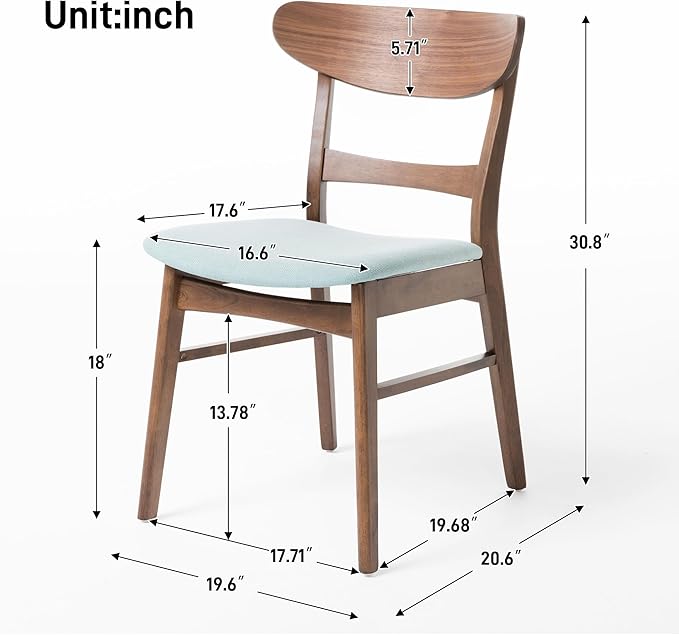 Set of 2 Solid Wood Dining Chairs, Fabric Upholstered Seat Mid-Century Modern - Image 5