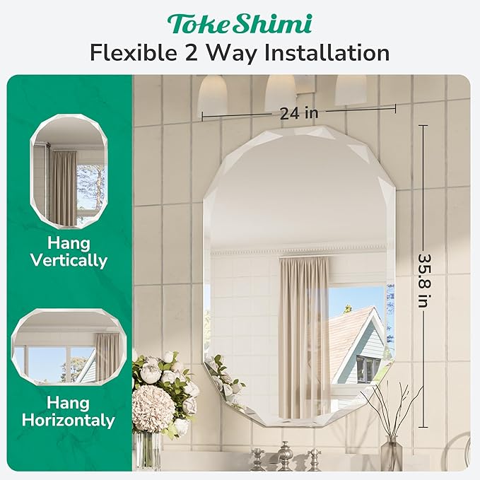 TokeShimi 24x36 Oval Bathroom Vanity Mirror Beveled, Frameless Mirror Bathroom - Image 2