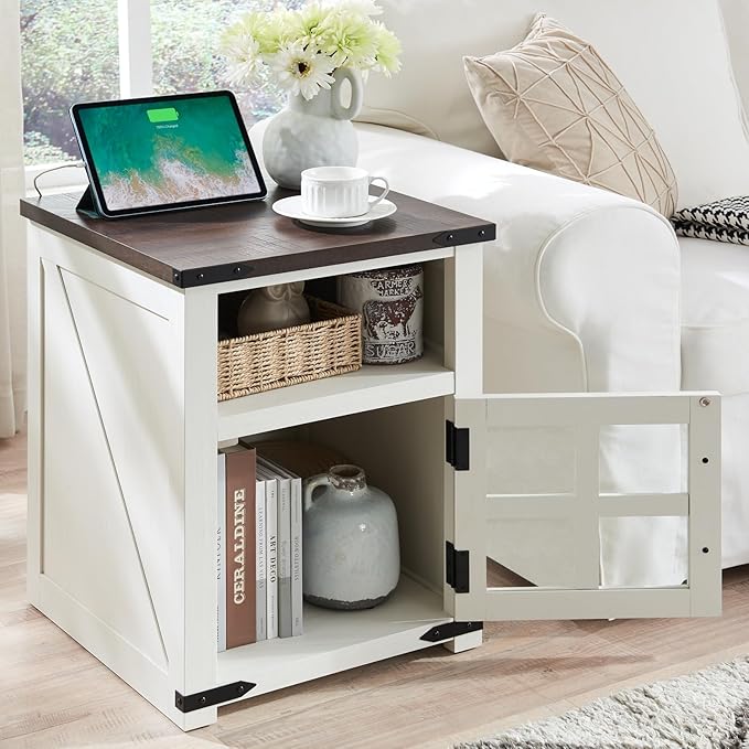 Farmhouse Nightstand with Charging Station, Rustic End Table with Tempered - Image 2