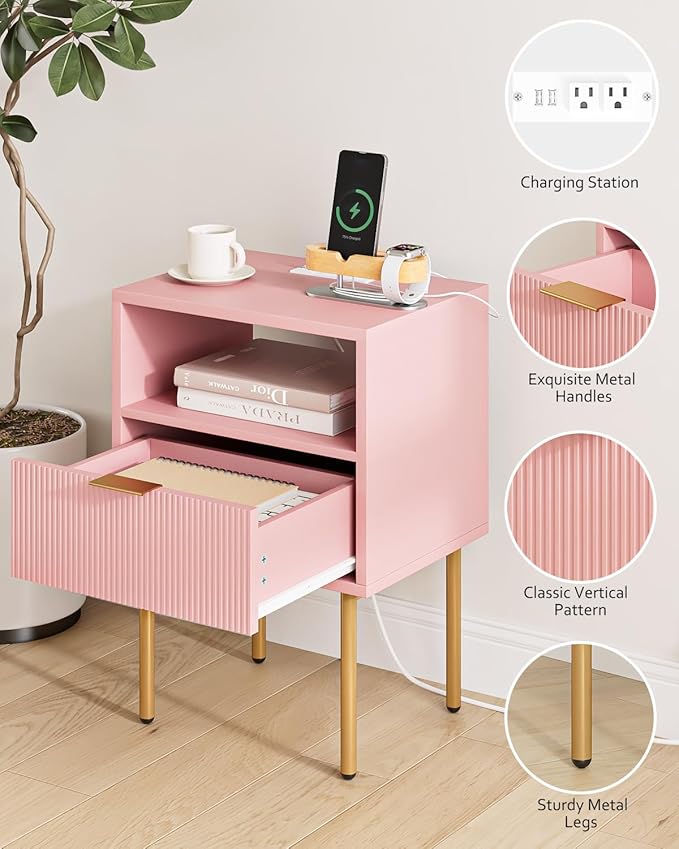 Masupu Nightstand with Charging Station, Mid-Century Modern Bedside Table with - Image 3