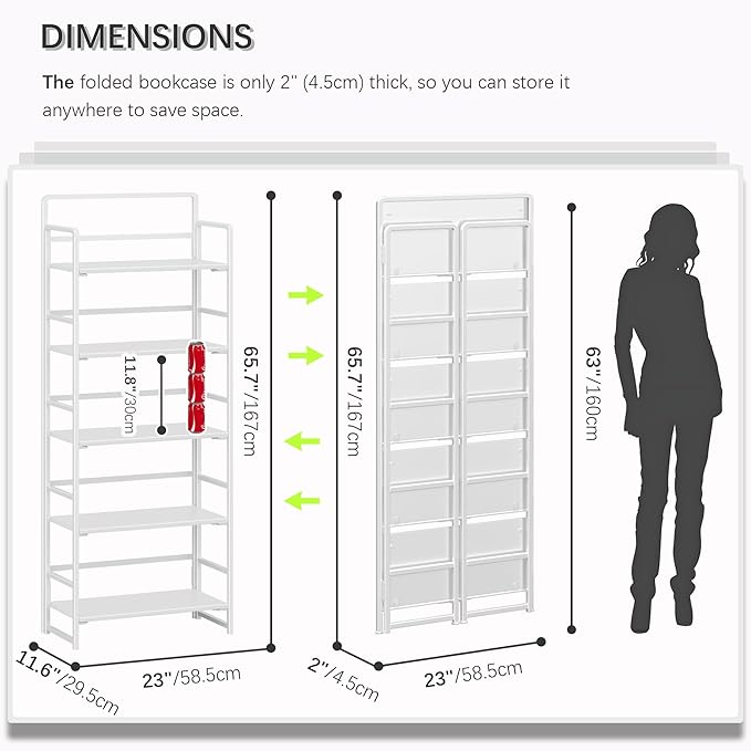 4NM No-Assembly 5 Tiers Folding Bookshelf Storage Shelves Vintage Bookcase - Image 2