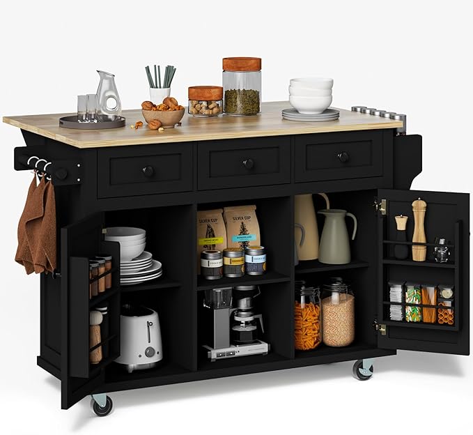 Rovibek Kitchen Island with Drawers 53 in Rolling Island Cart Mobile Solid Wood by Rovibek