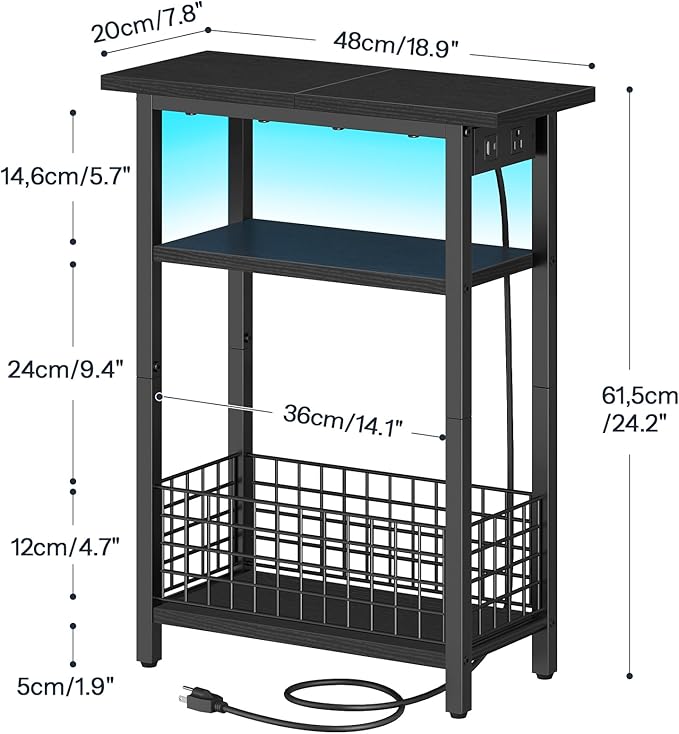HOOBRO Narrow Side Table with Charging Station and LED Light, Small End Table - Image 7